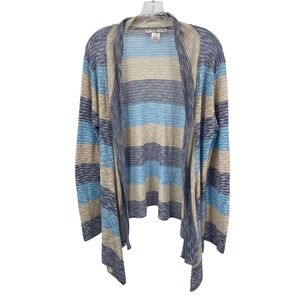 Two One Two New York L Open Front Cardigan Blue Beige Striped Lightweight Knit